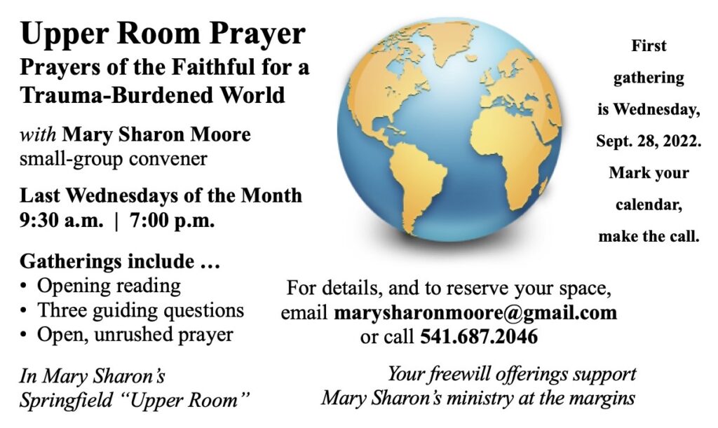 Mary Sharon's prayer series, Prayers of the Faithful for a Trauma-Burdened World, starts Wed, Sept. 28, 2022